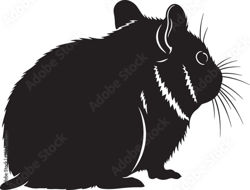 Black silhouette of a small fluffy rodent, resembling a mouse or hamster, with long whiskers, isolated vector illustration