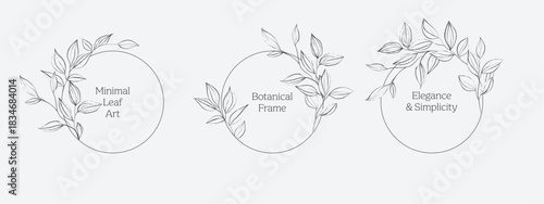 Circular botanical frames. Each frame consists of a thin black circle with hand-drawn, sketch branches and leaves wrapping around a portion of the circle