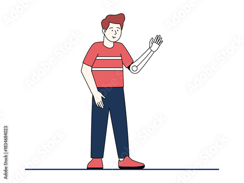 Young man with a prosthetic left hand. Healthy problems vector illustration. Flat illustration.