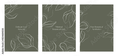 Set of three vertical backgrounds featuring minimalist sketch branches and leaves in light gray against a dark olive green background
