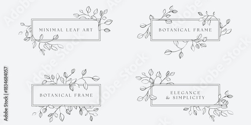 Rectangular botanical frames. Each frame consists of a thin black circle with hand-drawn, sketch branches and leaves wrapping around its edges