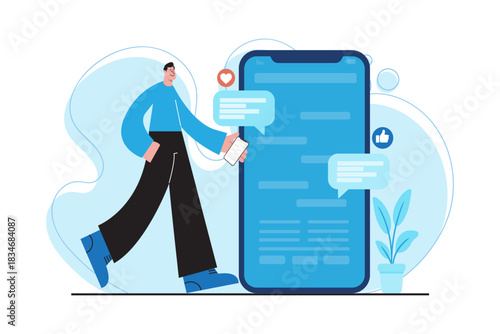 Flat design illustration of a man receiving social notifications and chat messages on a large mobile screen, representing online communication and social media activity.