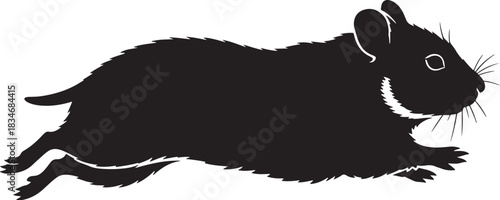 Black silhouette of a running mouse or rat with detailed whiskers and ears, vector illustration isolated on white
