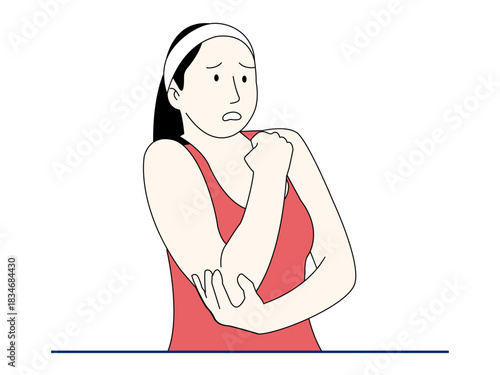 Woman experiencing pain or discomfort in her shoulder or elbow area. Healthy problems vector illustration. Flat illustration.