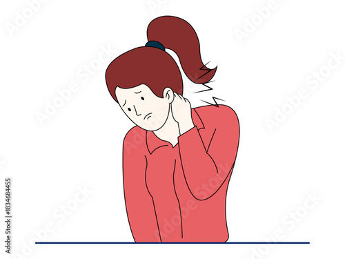 Unhappy young woman suffering from neck pain. Healthy problems vector illustration. Flat illustration.
