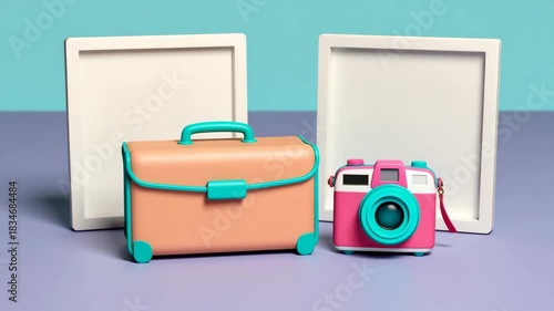 3D Render of Pink Camera and Suitcase for Travel and Vacation