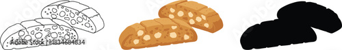 Biscotti Almond Cookie Slices Illustration Set - Outline, Color, and Silhouette Vector