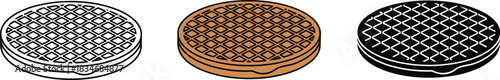 Round Waffle with Syrup Drizzle Icon Set - Outline, Color, and Silhouette Vector