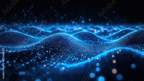 Abstract blue data wave, digital technology background, particle motion, website banner