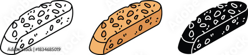 Single Biscotti Almond Cookie Slice Icon Set - Outline, Color, and Silhouette Vector