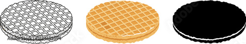 Round Wafer Cookie Sandwich Icon Set - Outline, Color, and Silhouette Vector