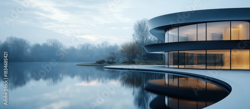 Modern lake house, serene autumn landscape, sunrise