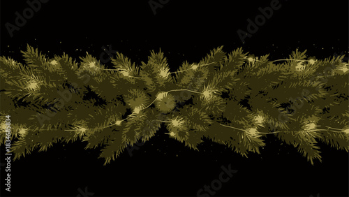 Highly detailed vector illustration of a lush, dark green Christmas tree pine garland decorated with warm, glowing yellow string lights, centered horizontally on a plain black background. Festive holi