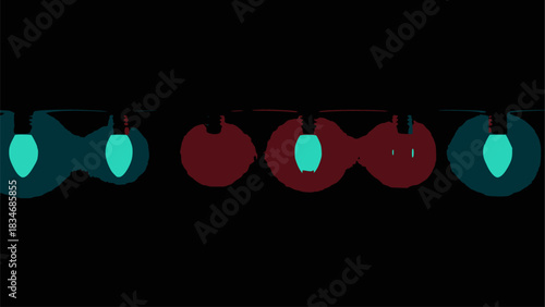 Retro string light border illustration on a black background, featuring glowing aqua and dark crimson red bulbs in a stylized, atmospheric design for nightlife and festive events.