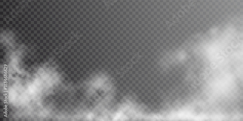 Fog, smoke, mist and steam on transparent background, panoramic view, vector design