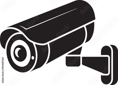 Black and white graphic illustration of a surveillance security camera with a lens and mounting bracket