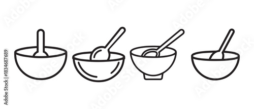 Bowl and spoon outline icon black dish cup fresh design.