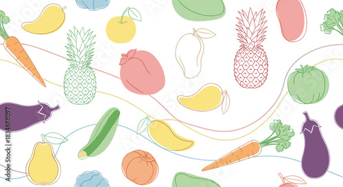 Seamless pattern of colorful hand-drawn fruits and vegetables with wavy lines, creating a playful and healthy food-themed background design.
