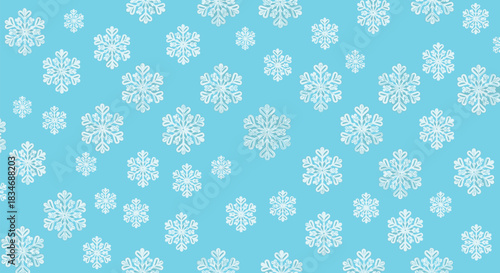 Winter seamless pattern with delicate white snowflakes of various sizes scattered across a calming light blue background for a frosty effect.