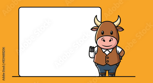 Cute cartoon bull character dressed in a vest, standing next to a large blank white board, perfect for presentations or messages.