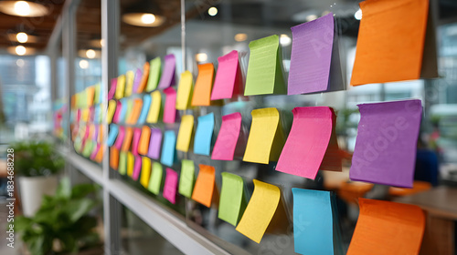 Vibrant colored sticky notes blurred on a glass wall, creating a creative chaos, symbolizing innovative ideas and collaborative thinking in a modern office setting.