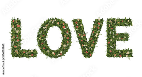 The word LOVE created from lush green leaves and small pink and white flowers, forming a beautiful and romantic botanical text design.
