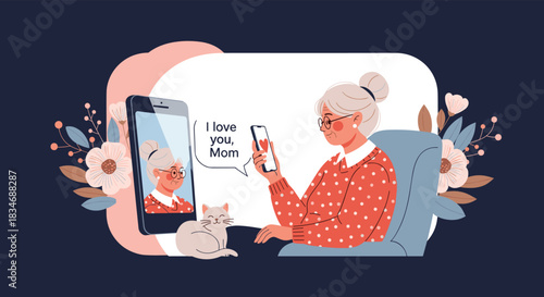 Heartwarming illustration of an elderly woman video calling her daughter on Mother's Day, with a cute cat sitting beside her.