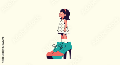 Whimsical illustration of a small girl in a polka dot dress standing in oversized high-heeled shoes, symbolizing growing up or ambition.