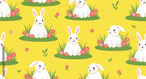 Cute seamless Easter pattern with adorable white bunnies sitting in green grass among pink flowers, all on a cheerful yellow background.