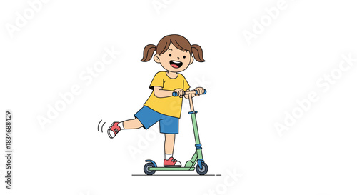 Joyful cartoon girl with pigtails wearing a yellow shirt and blue shorts, happily riding a green kick scooter with one leg up.