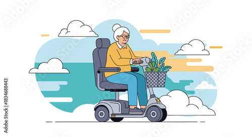 Elderly woman with glasses and grey hair happily riding a mobility scooter with a plant in the basket, against a stylized background.