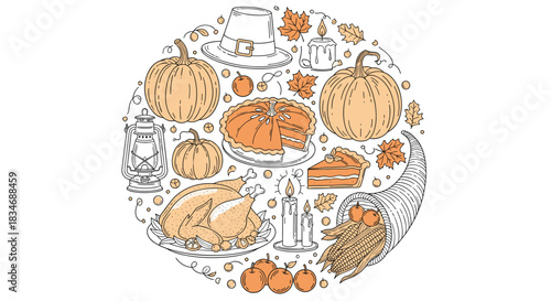Circular arrangement of hand-drawn Thanksgiving icons including roast turkey, pumpkin pie, pilgrim hat, and a cornucopia full of fruit.