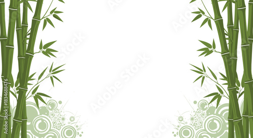 Peaceful background with green bamboo stalks on both sides and abstract circular patterns at the bottom, creating a zen-like frame design.