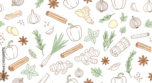 Seamless background pattern of various hand-drawn herbs and spices like rosemary, cinnamon, ginger, and garlic for a culinary theme.