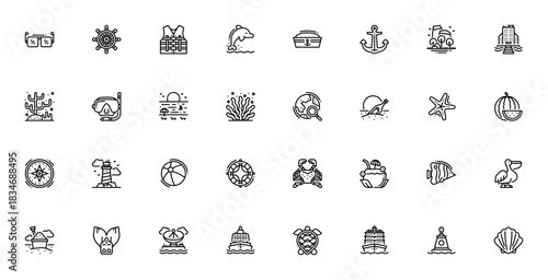 Sea icon set. Nautical vector illustration. Includessymbols for beach, sunglases, life vest, dolphin, anhor, island, compass, lighhouse, cruise ship, turtle shell and more. Editable troke.
