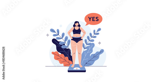 Confident woman standing on a bathroom scale with a 'YES' speech bubble, celebrating weight loss success and promoting body positivity.