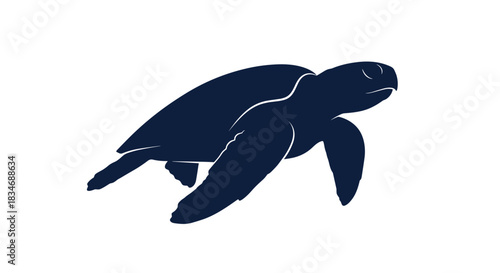 Minimalist dark blue silhouette of a swimming sea turtle, capturing the graceful movement of this marine animal on a white background.