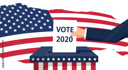 Patriotic illustration of a hand casting a ballot into a ballot box for the 2020 election, with a waving American flag background.
