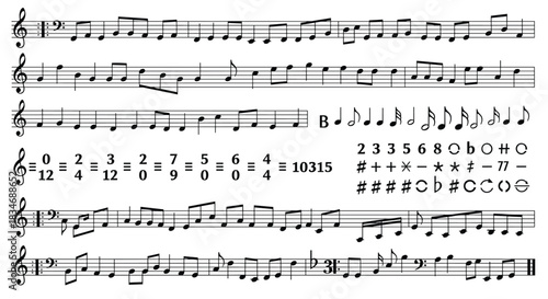 Collection of various musical notation elements, including staves with notes, clefs, time signatures, and other musical theory symbols.