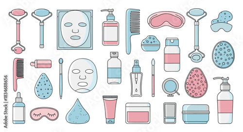 A complete set of skincare and beauty routine icons in a simple line art style, including face masks, rollers, and cosmetic products.
