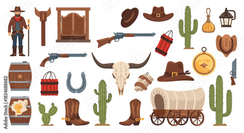 Comprehensive collection of wild west and cowboy-themed icons, including a cowboy, guns, cactus, saloon doors, and a covered wagon.