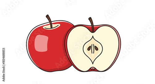 Simple and clean illustration of a whole red apple next to a half apple, showing the core and seeds, on a white background.