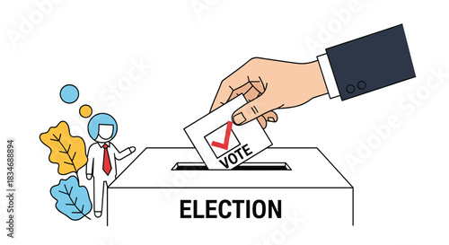 Conceptual illustration of a large hand casting a vote into an election box, with a small character watching, symbolizing democracy and participation.