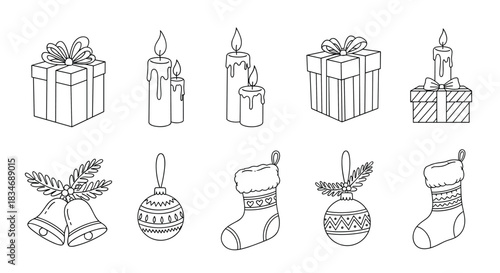 A charming set of hand-drawn Christmas doodle icons, including gift boxes, candles, ornaments, stockings, and bells in a simple line art style.
