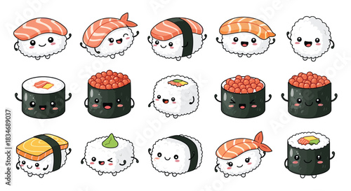 A cheerful collection of kawaii sushi characters with adorable smiling faces and winking expressions, perfect for cute Japanese food branding.