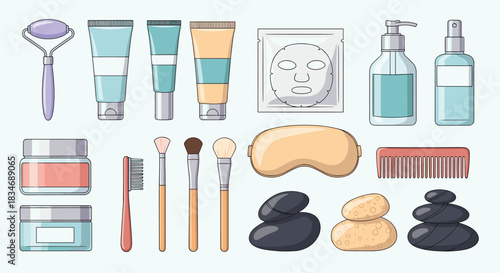 Flat lay illustration of various spa, beauty, and skincare routine products for self-care and relaxation on a light background.