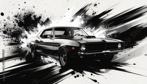 Classic black muscle car in motion with dynamic splatter and streak effects, vintage design and dramatic contrast—artistic fusion of speed, power, and abstract expression.
