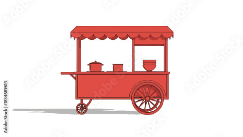 Vibrant Red Food Cart Illustration with Outdoor Seating Area Accent