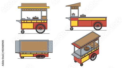 Colorful Food Cart Illustrations Multiple Views for Commercial Use