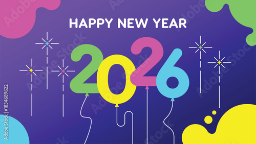 Happy New Year 2026 celebration with ballon number style vector illustration